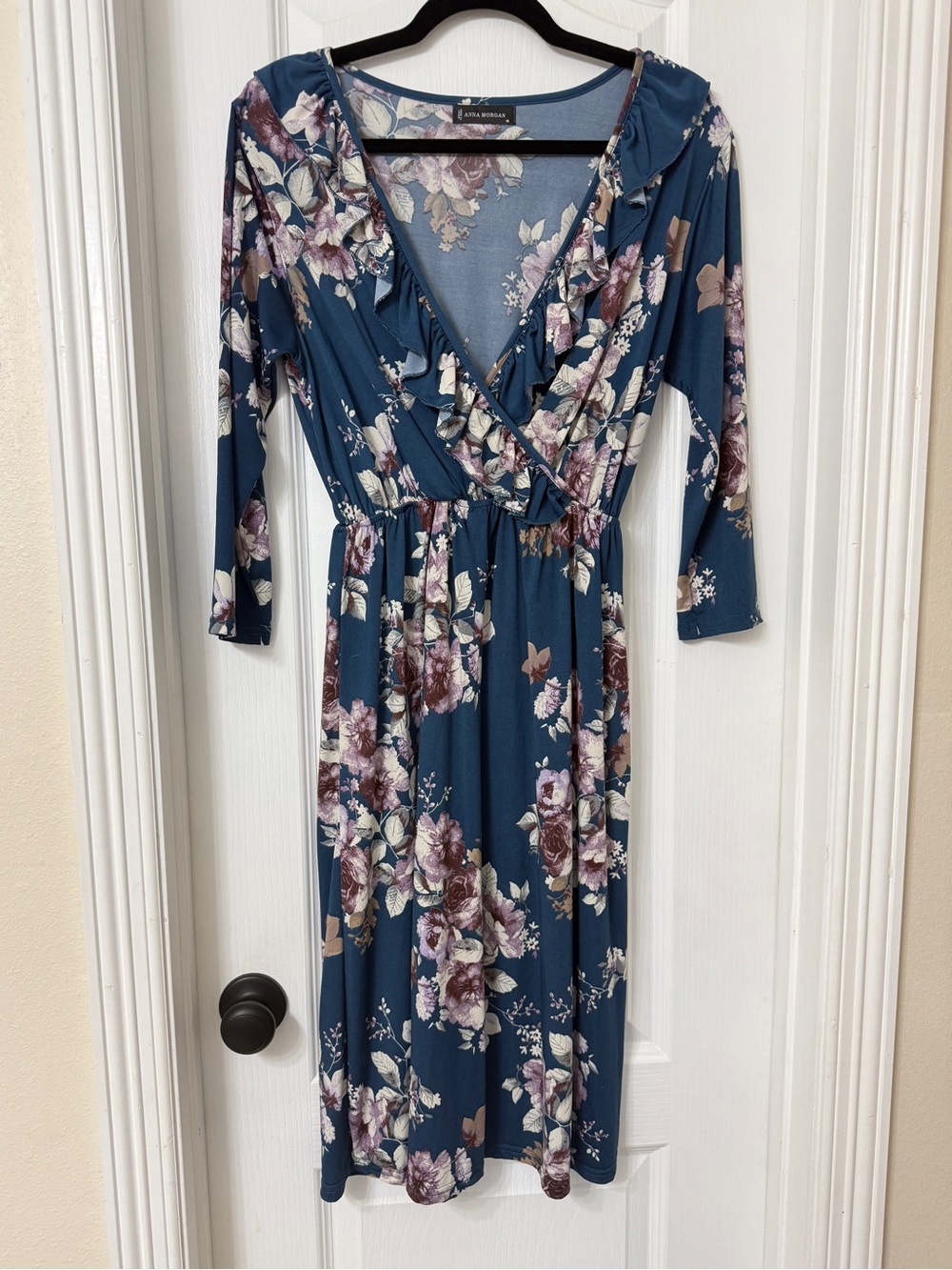 Anna Morgan teal floral dress faux wrap V-neckline ruffled trim 3/4 sleeve M